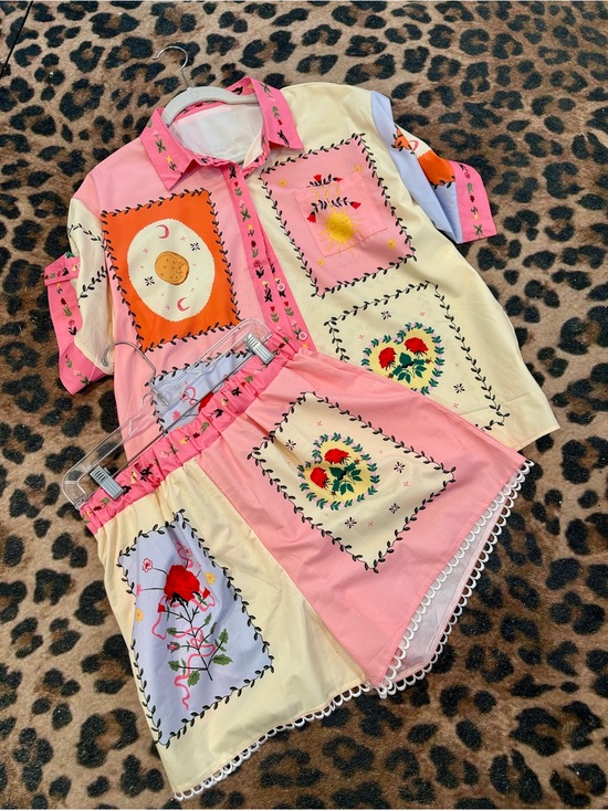Pants - Embroidered Pastel Two-Piece Set — Pink, Cream & Lavender
